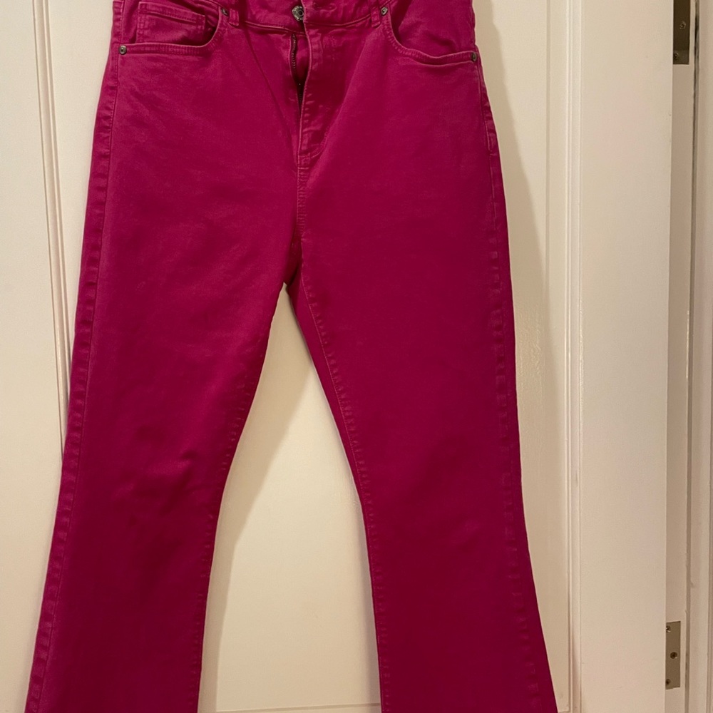 LOFT frayed high-rise kick cropped jeans- fuchsia
